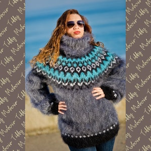 Icelandic Sweater, Fair Isle Sweater, Mohair Sweater, Nordic Sweater, Chunky Jumper Ski Sweater, Turtleneck, Hand Knit women sweate T186