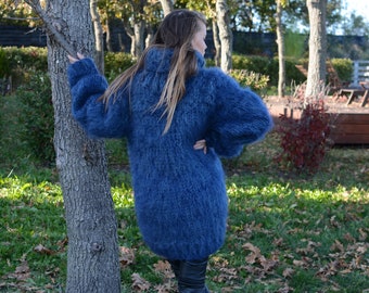 Mohair and Wool Mix Sweater, Thick Knit Sweater in Blue