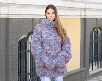 Blue Mohair Wool Sweater, Hand Knitted Thick Turtleneck Pullover T673M