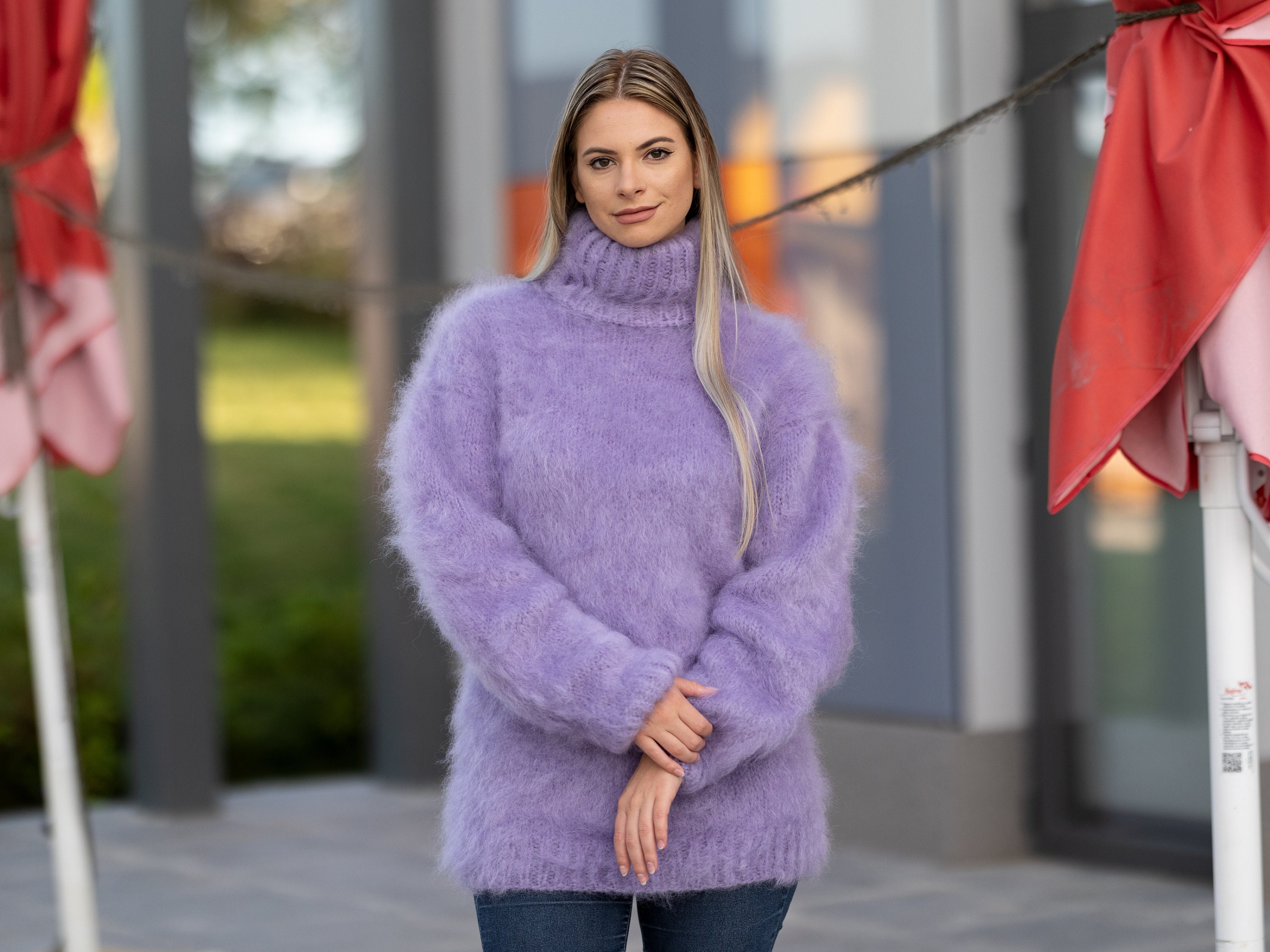 Hand Knitted Italian Kid Mohair Sweater in Purple, 4 Strand Fluffy