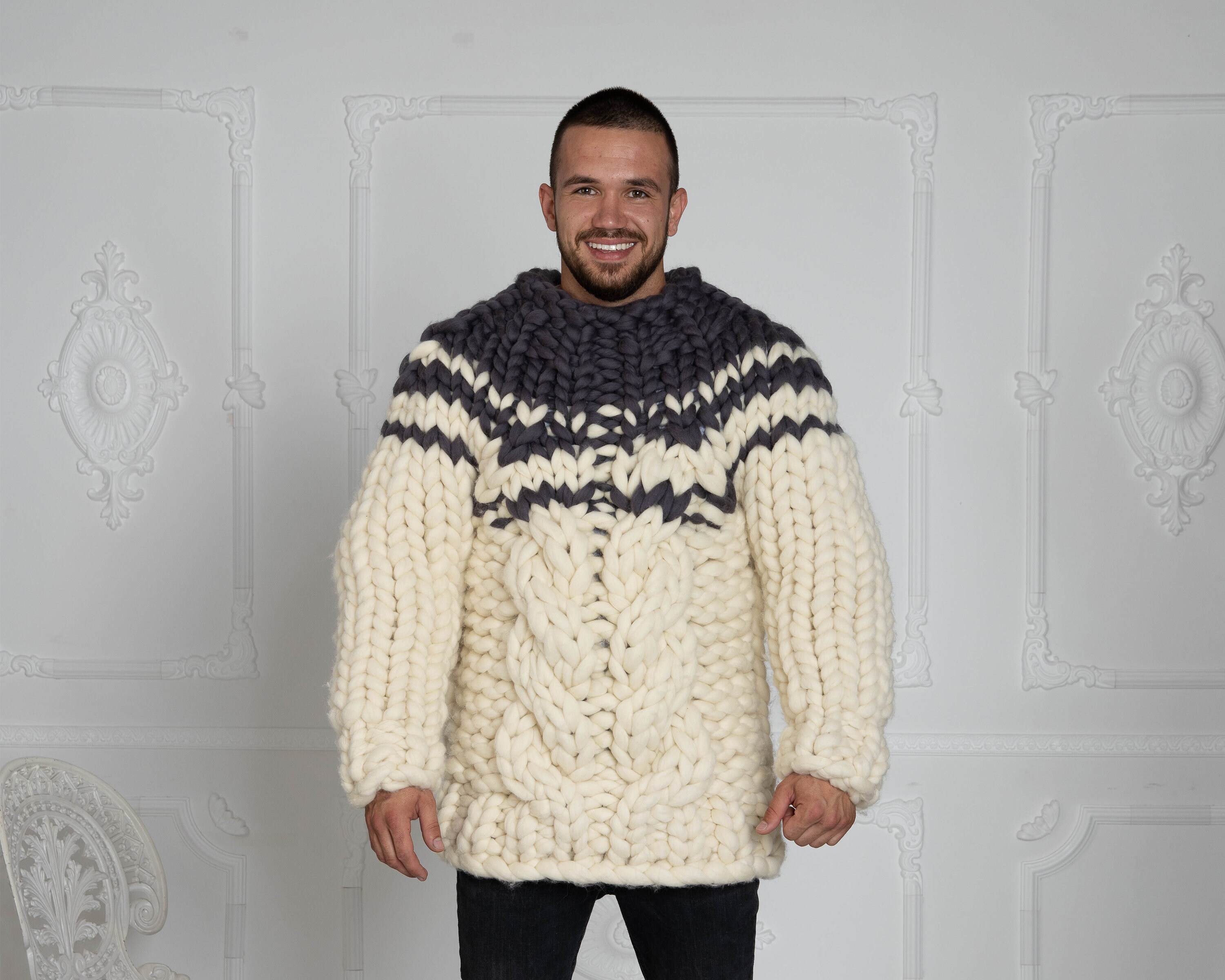 CHUNKY KNIT SWEATER Gray \u0026 Cream Bulky 