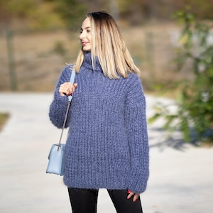 Denim Mohair Sweater – Hand-Knitted Women’s Pullover T1297 image 1