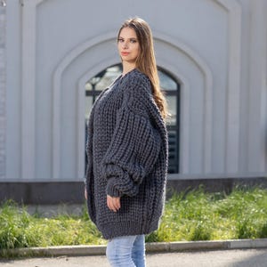Gray Wool Cardigan – Hand Knitted Fisherman Style English Rib Coat T1021M image 5