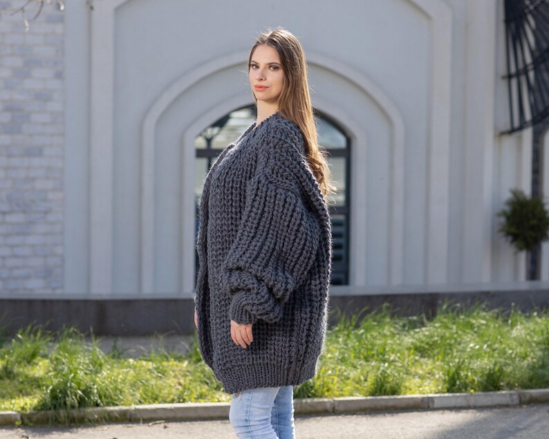 Gray Wool Cardigan – Hand Knitted Fisherman Style English Rib Coat T1021M image 5