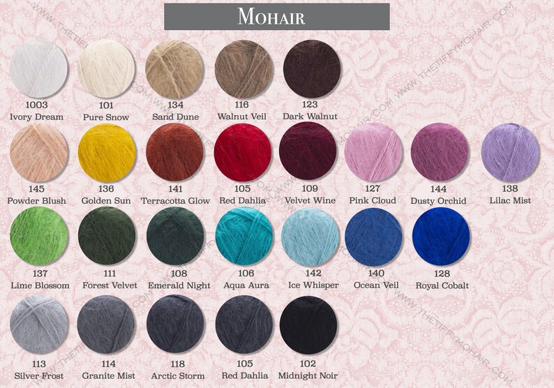 Mohair is a collection of yarn colors, including pure white, pure snow, pure dune, walnut, dark walnut, dark nuthal, dark dusky orchid, lavender mint, lime, forest velvet, emerald night, aqua aura, ice whisperer, ocean veil, royal cobalt, and silver frost.