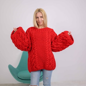 Ready to ship in size 6XL, Red Cable Knit Woolen Sweater, 100 % Wool Jumper, Hand Knit Wooly Pullover T1883