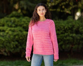 Różowy sweter z bawełny w melanż, ręcznie robiony na drutach ze 100% bawełny, letni sweter T1067