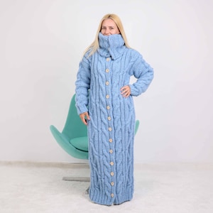 Chunky Cable Knit Cardigan | Long Wool Alpaca Sweater Coat | Extra High Neck of 50 cm Buttoned Robe  T1876