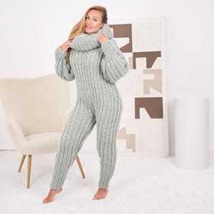 100 % Wool Catsuit – Hand-Knitted Extra Long Turtleneck Bodysuit in English Rib T1694