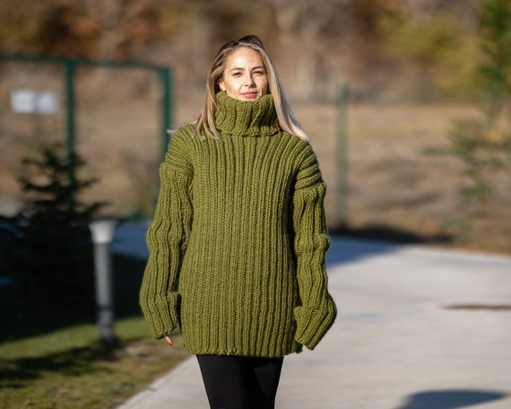 【限定セール！】 Wool Green Ribbed Pullover, Chunky Sweater, Woolen Knit Hand トップス