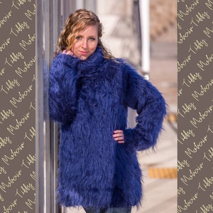 Blue Mohair Sweater, Turtleneck Sweater, Hand Knitted Sweater, T neck Jumper, Oversized Sweater Mohair Fetish, Chunky Fluffy Sweater T522