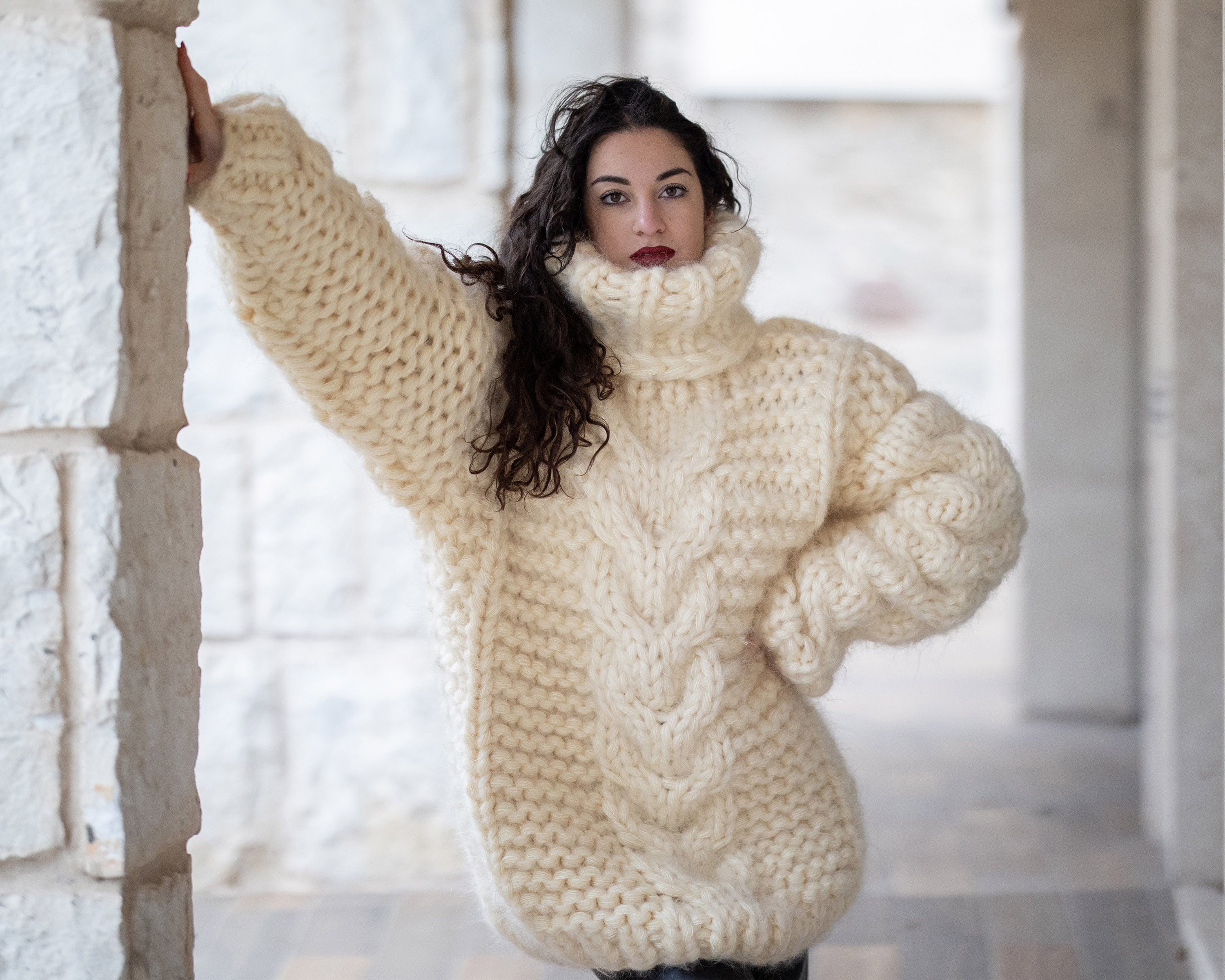 20 Strands Thick Mohair Sweater, Cable Knit Chunky Sweater