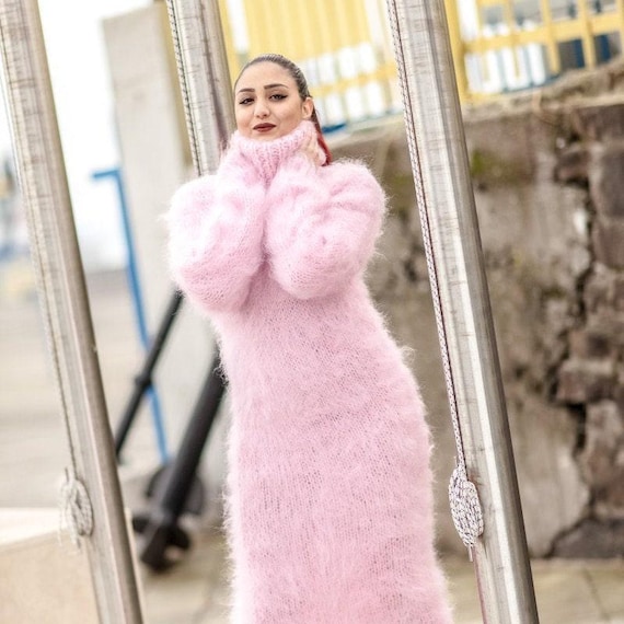 Hand Knit Pink Mohair Maxi Dress, Turtleneck Sweater Dress T418