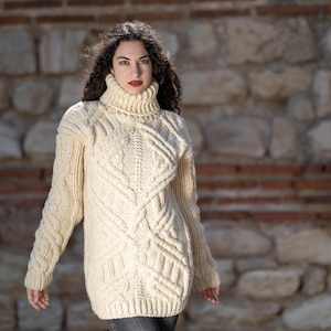 Suéter de lana de punto trenzado, tejido a mano, 100 % lana, rústico, con picazón, T1416