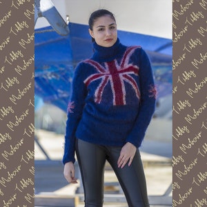 British Flag Sweater, Blue Mohair Sweater, Mohair Pullover ,Hand Knit Sweater, T neck Sweater, Turtleneck Sweater, Soft WInter Sweater T561