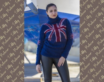 British Flag Sweater, Blue Mohair Sweater, Mohair Pullover ,Hand Knit Sweater, T neck Sweater, Turtleneck Sweater, Soft WInter Sweater T561