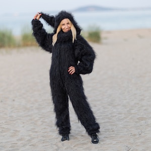 Hand Knitted Black Mohair Catsuit with a hood  T1089