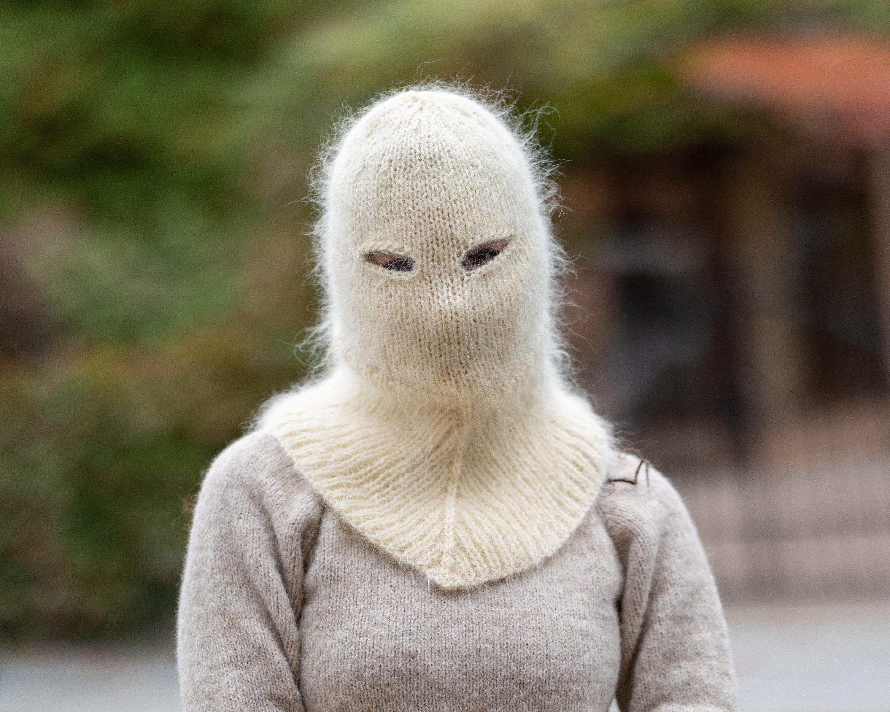 Hand Knit Balaclava グレイッシュベージュ Cream Mohair Balaclava – Hand Knitted Fluffy Slouchy Beanie Ski