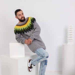 Men Lopi wool Sweater, Icelandic style jumper , Hand knitted gray pullover  T1632