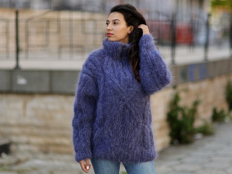 Fluffy Blue Mohair Sweater, Chunky Mock neck sweater with a zipper , Cable Knit Pullover, Hand Knit men sweater, knit women sweater T1060 image 6