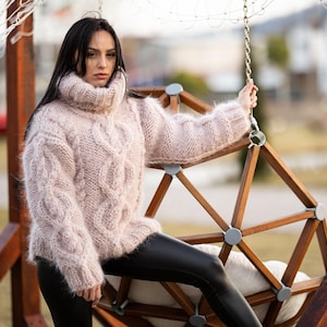 5-Strand Beige Mohair Sweater – Hand-Knitted Cabled Chunky Oversized Pullover T1176 image 2
