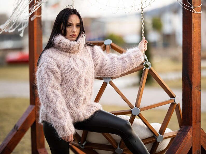 5-Strand Beige Mohair Sweater – Hand-Knitted Cabled Chunky Oversized Pullover T1176 image 2