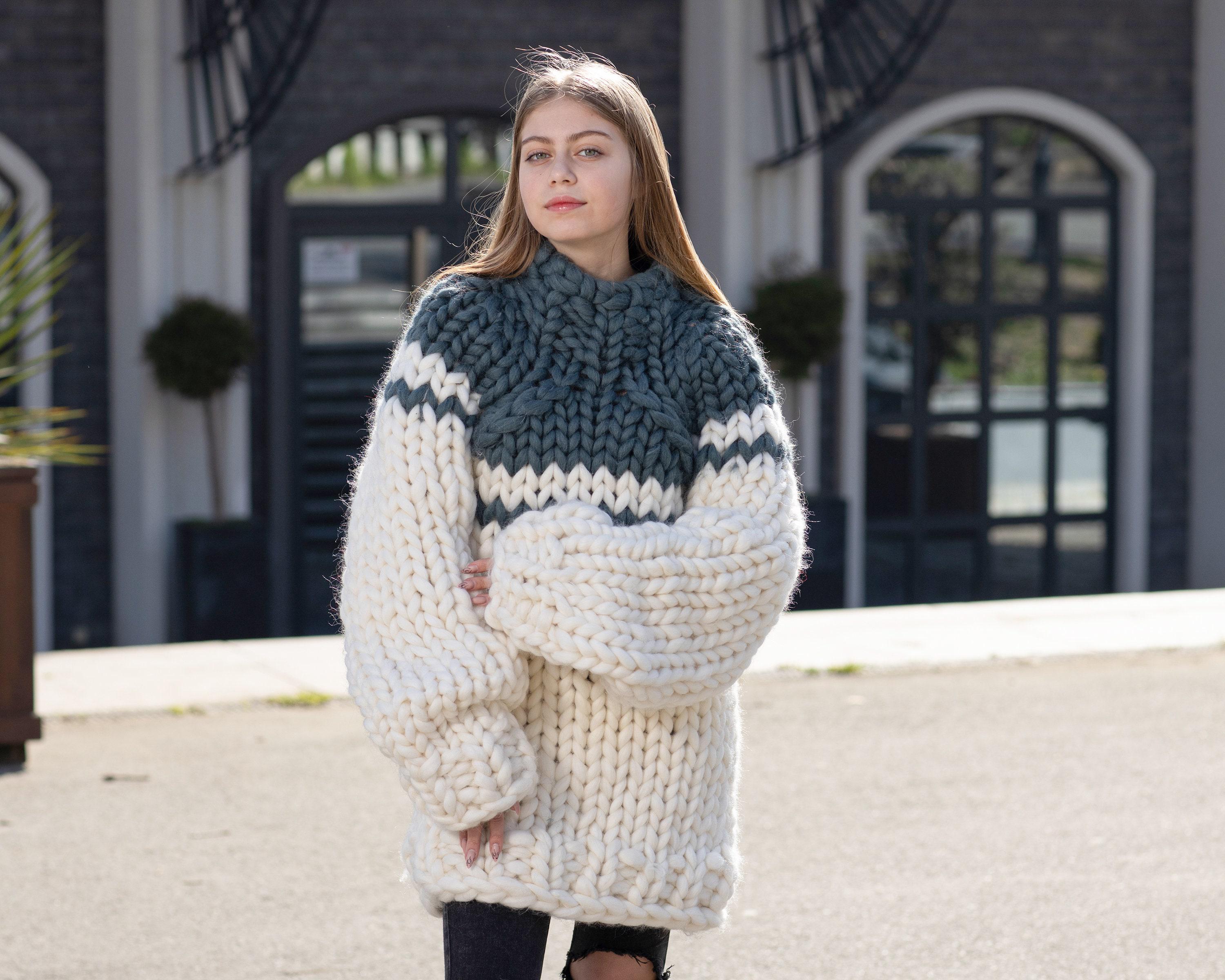 Super Chunky Merino Wool Sweater, Hand Knitted Giant Pullover T1040