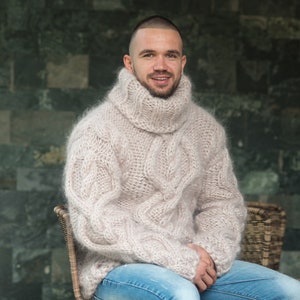 Beige Mohair Sweater, Cables Sweater, Hand Knit Sweater, Turtleneck Jumper, Oversized Sweater  T844M