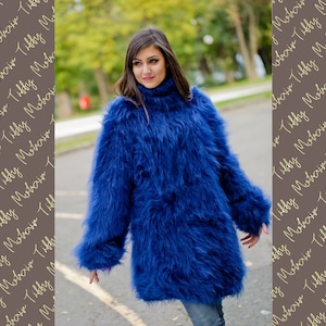 Blue Mohair Sweater, Hand knit Fluffy Sweater T168