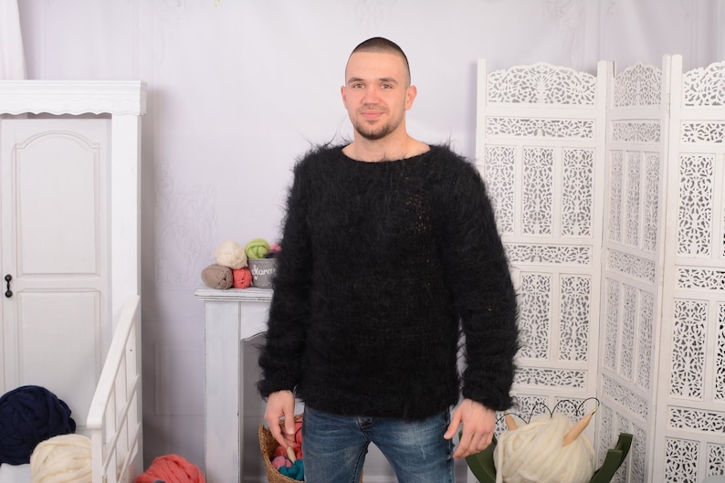 See through sweater T700M Fluffy sweater Black Big neelde Knit Mohair Sweater