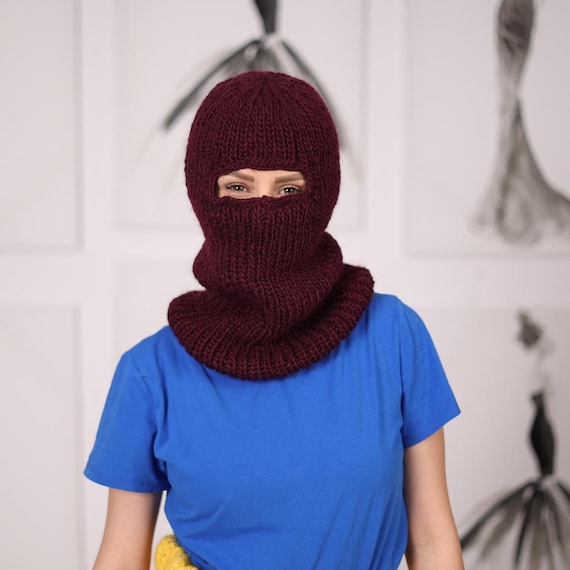 Cozy Burgundy Balaclava Hood Hand-knitted Burgundy Merino Wool Balaclava, Cozy Chunky  main image 2