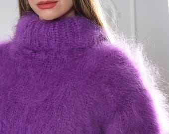 Hand Knitted Purple Mohair Sweater, Chunky Fluffy Turtleneck