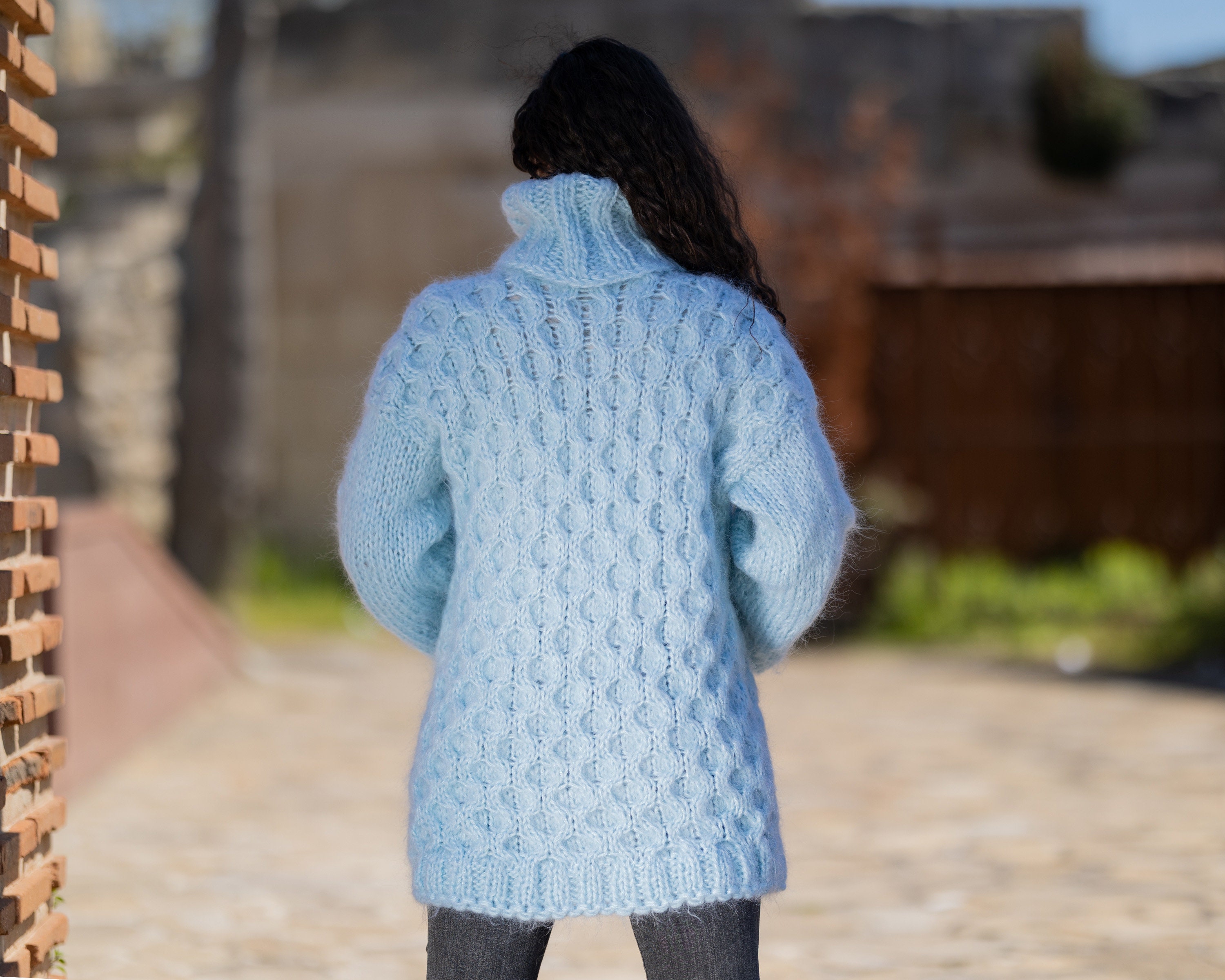 TheTiffyMohair Blue Hand-Knitted Mohair Sweater with Cables - Cozy, Stylish, and Handcrafted Winter Fashion T1423 TheTiffyMohair Blue Hand-Knitted Mohair Sweater with Cables - Cozy, Stylish, and Handcrafted Winter Fashion T1423