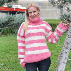 Pink Wool Sweater, Hand Knit Pullover, Chunky Striped Sweater, Turtleneck Sweater, Woolen Sweater, Loose Sweater T920