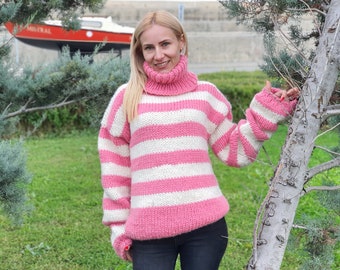 Pink Wool Sweater, Hand Knit Pullover, Chunky Striped Sweater, Turtleneck Sweater, Woolen Sweater, Loose Sweater T920