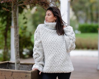 15-fädiger Alpaka und Merino Wolle Pullover, Handgestrickter Extra Weicher Gebürsteter Grauer Pullover T1129