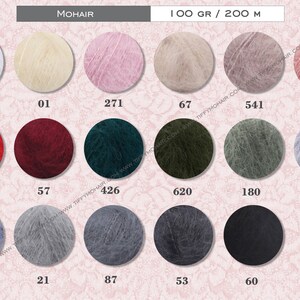 a collection of various yarn colors and textures, including white, pink, beige, gray, red, green, black, and gray.