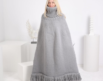 Extrem bequemer Damen Wolle Poncho in Grau Farbe, Grobstrick Body Cover T1628