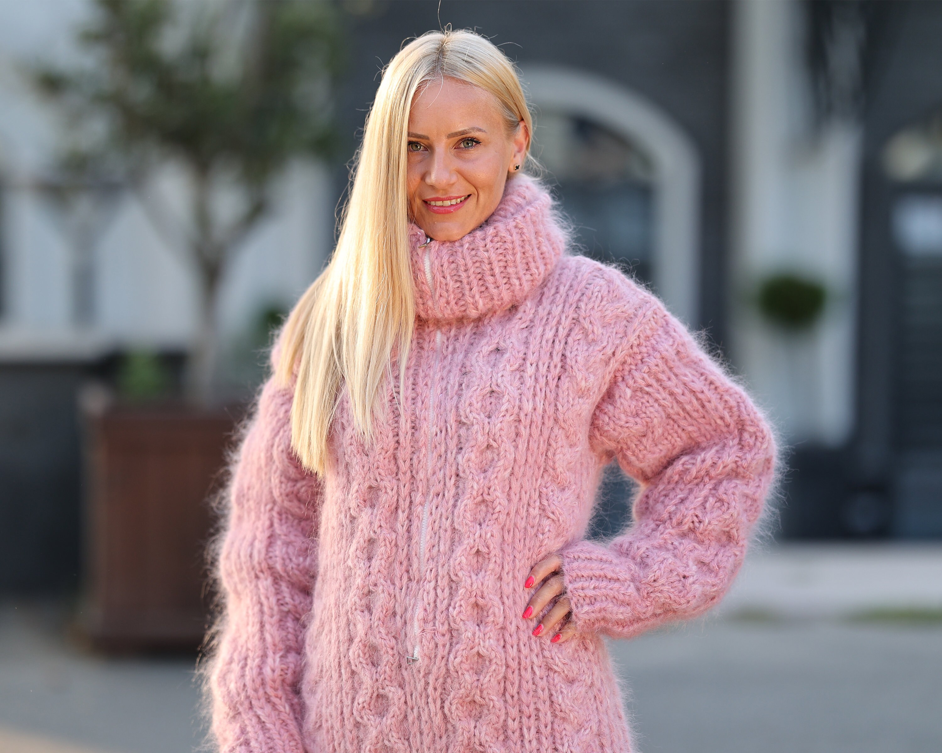 Hand Knitted Pink Melange Mohair and Alpaca Mix Yarn Catsuit in 16 