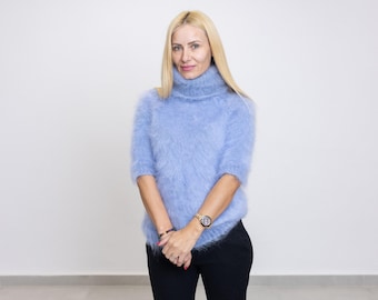 Short-Sleeve Mohair Sweater – Hand-Knitted Fluffy Cropped Pullover T1515