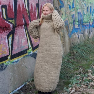 5 strands Eco wool Dress, Knit Sweater Dress, Turtleneck Maxi Dress, Chunky Woolen Dress, Long Fetish Dress, Winter Dress  T912