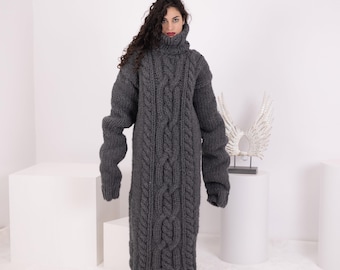 Chunky Gray Hand Knitted Maxi Dress with 100 cm Sleeves and Turtleneck T1550