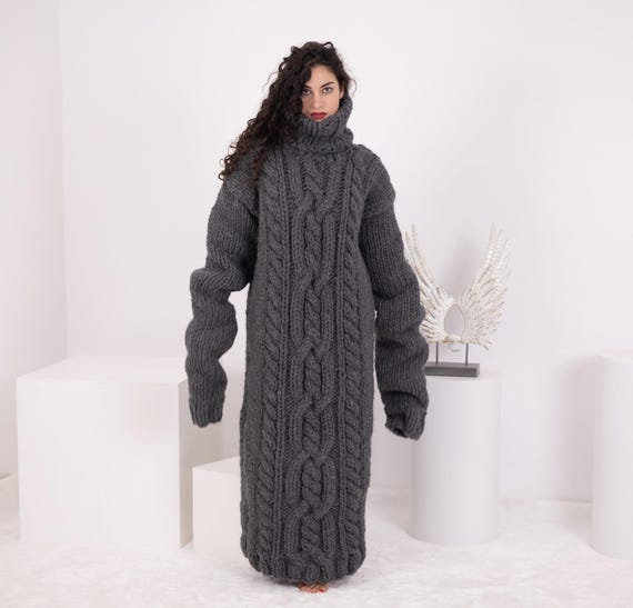 Chunky Gray Hand Knitted Maxi Dress with 100 cm Sleeves and Turtleneck T1550