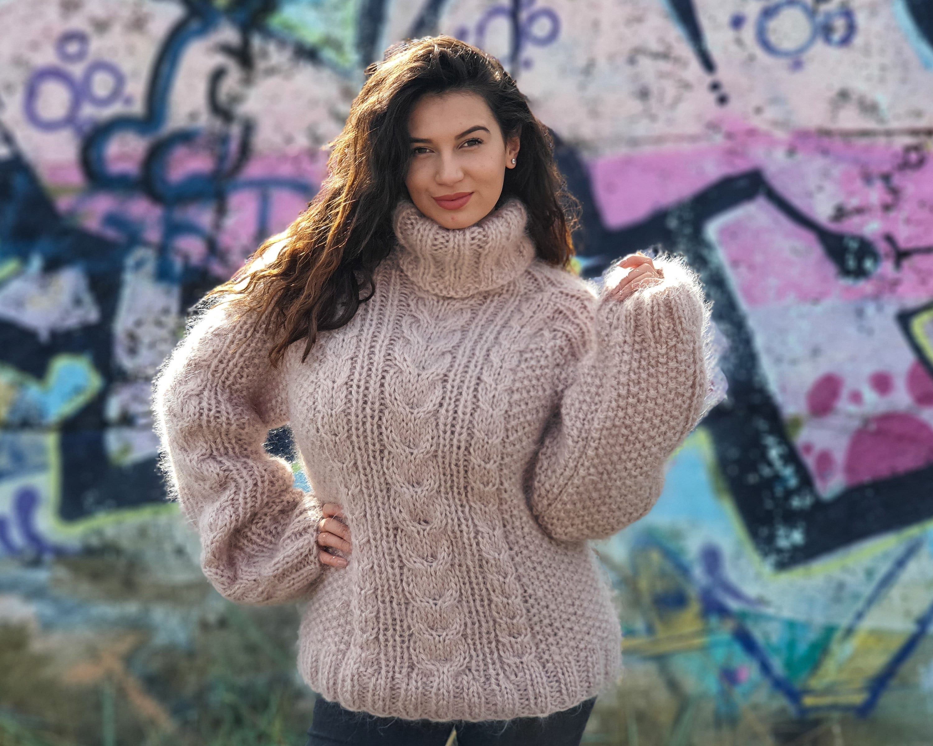 Beige Cable Knit Mohair Sweater With a Turtleneck T897 - Etsy