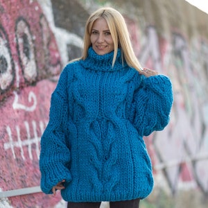 Hand Knitted Blue woolen sweater, 100 % wool Jumper with cables T1084