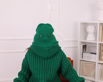 Groene geribbelde wollen bivakmuts, volgelaatsmasker, extra grote nekwarmer T2256