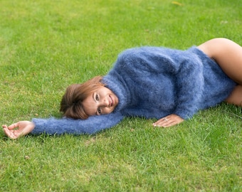 Denim Blue Mohair Bodysuit – Hand-Knitted Fluffy Full Body Suit with Extra Long Turtleneck – T827