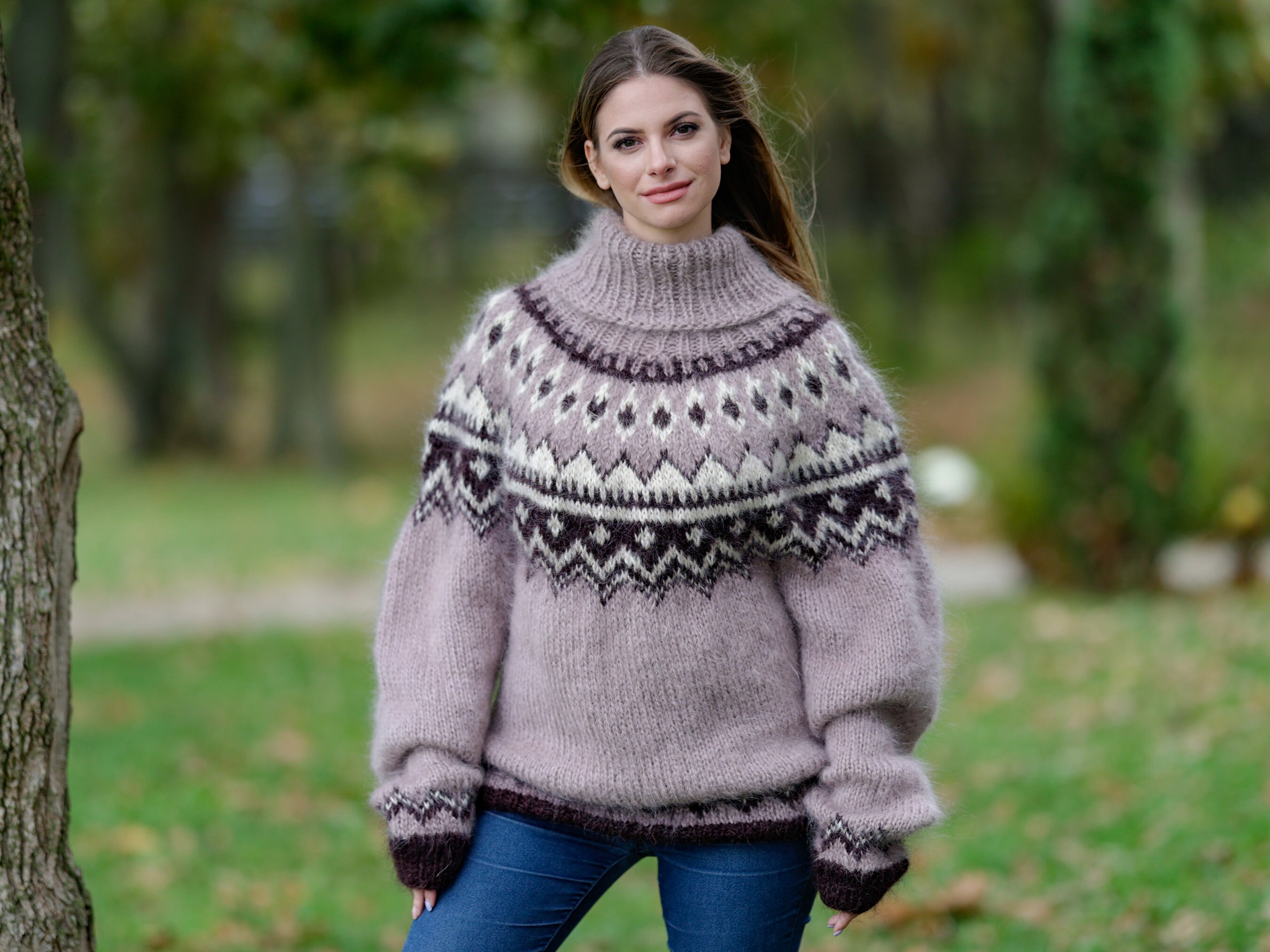 HYII☆HYKI Embroidered Knitted Sweater Beige Mohair Sweater, Loose Knit Sweater, Handmade Sweater, Cream