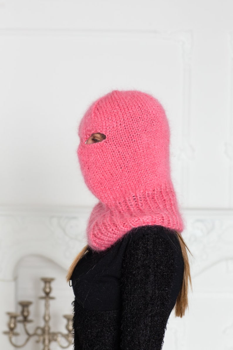 Pink Mohair Balaclava Knit Hat Fluffy Mohair Beanie Slouchy Etsy