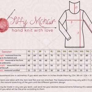 May include: Diagram of a hand-knitted sweater with measurements in centimeters. The image includes a schematic of the sweater, a ball of yarn, and the text "Siffy Mohair, hand knit with love."